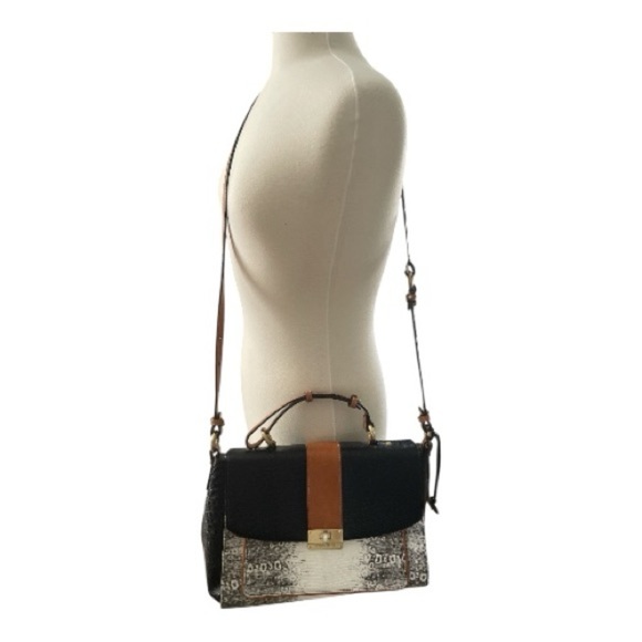 Brahmin Oxford Flap Natural Bernini Black/White Embossed Leather Crossbody Bag - Picture 9 of 9